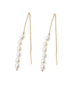 Pair of pearl drop earrings with gold chains on a white background