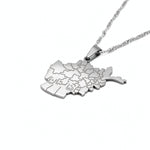 Silver plated Afghanistan map necklace with Farsi engraving on the pendant shown on a chain from KIRO UK