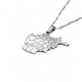 Silver plated Afghanistan map necklace with Farsi engraving on the pendant shown on a chain from KIRO UK