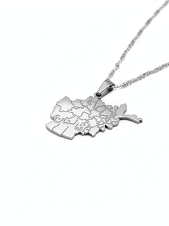 Silver plated Afghanistan map necklace with Farsi engraving on the pendant shown on a chain from KIRO UK