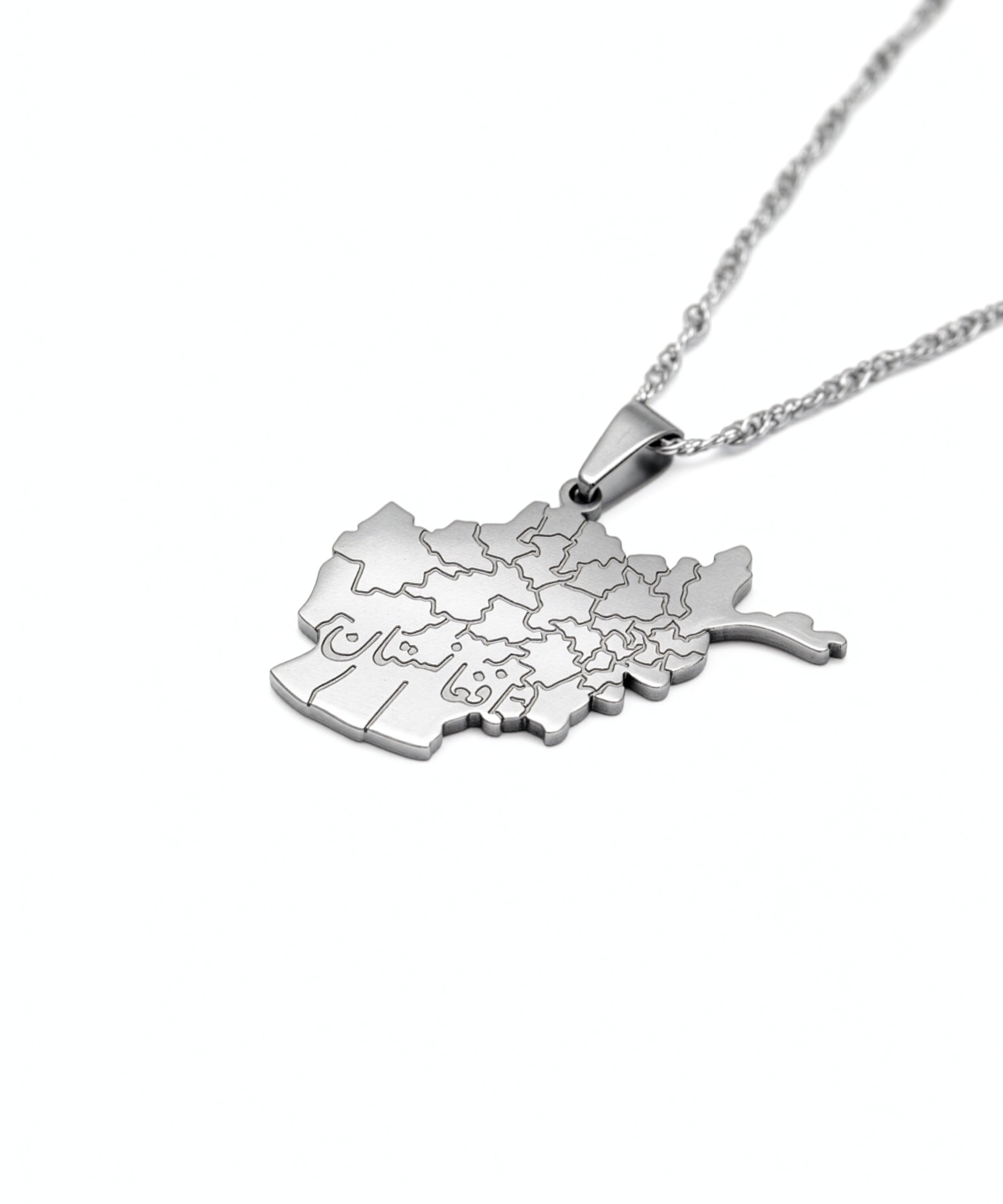 Silver plated Afghanistan map necklace with Farsi engraving on the pendant shown on a chain from KIRO UK