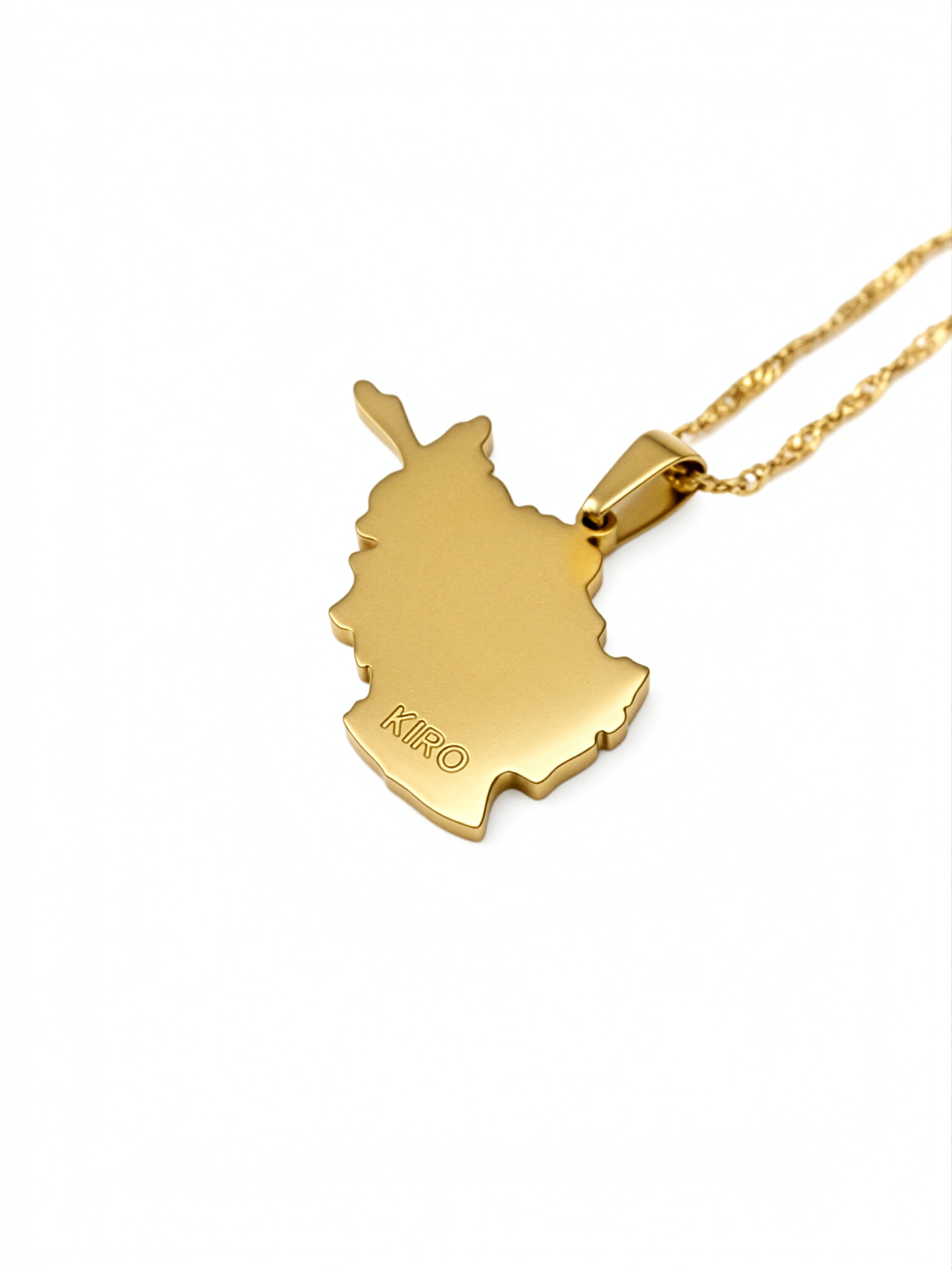 Gold plated Afghanistan map necklace with KIRO engraving on the pendant and a delicate chain representing national pride and cultural heritage