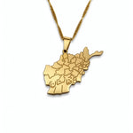 Gold plated Afghanistan map necklace with Afghanistan engraved in Farsi on the pendant, featuring a textured chain and detailed regional outlines