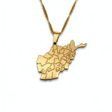 Gold plated Afghanistan map necklace with Afghanistan engraved in Farsi on the pendant, featuring a textured chain and detailed regional outlines