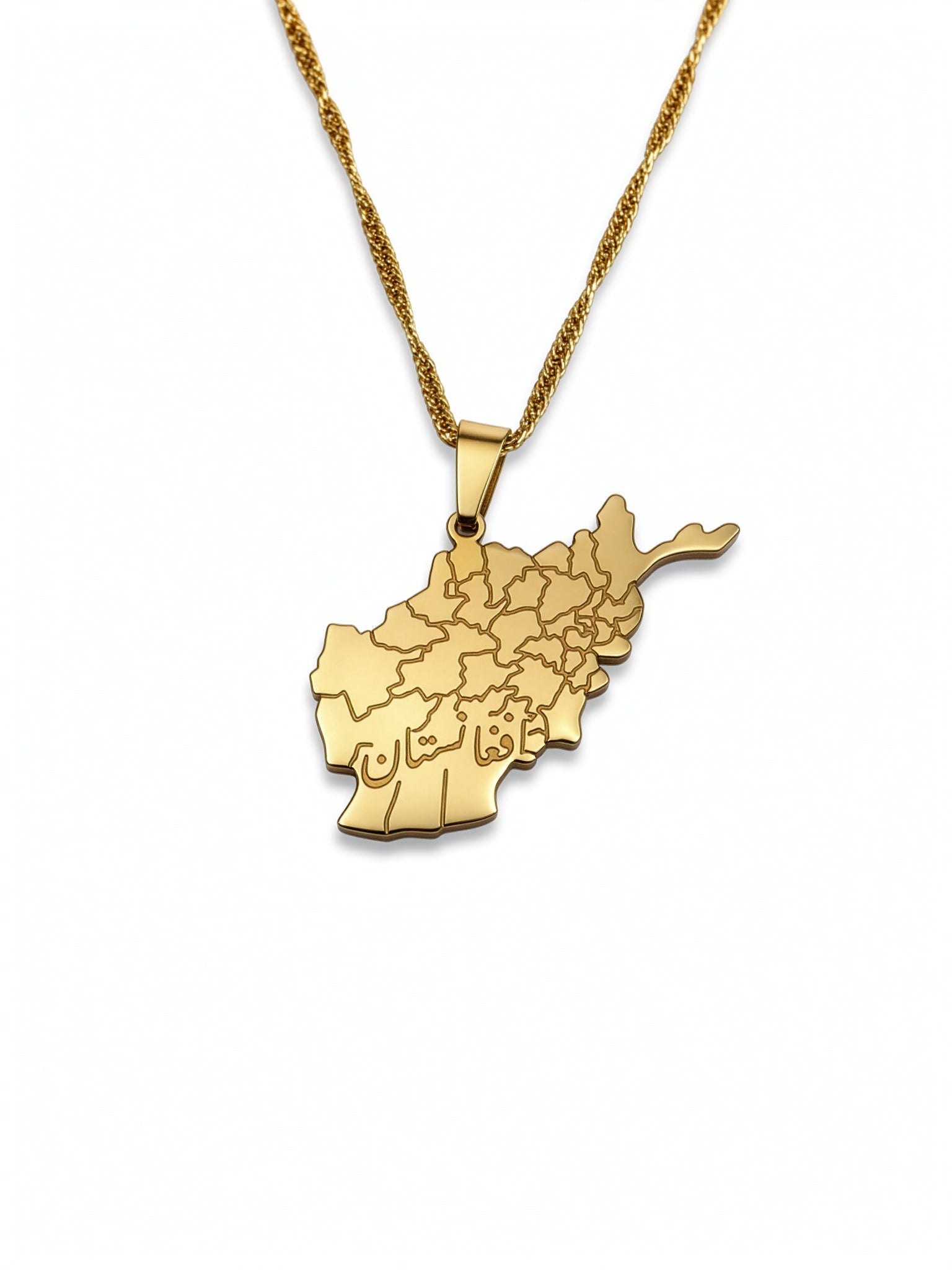 Gold plated Afghanistan map necklace with Afghanistan engraved in Farsi on the pendant, featuring a textured chain and detailed regional outlines