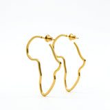 18k gold plated Africa shaped hoop earrings with butterfly backs by KIRO UK on a white background