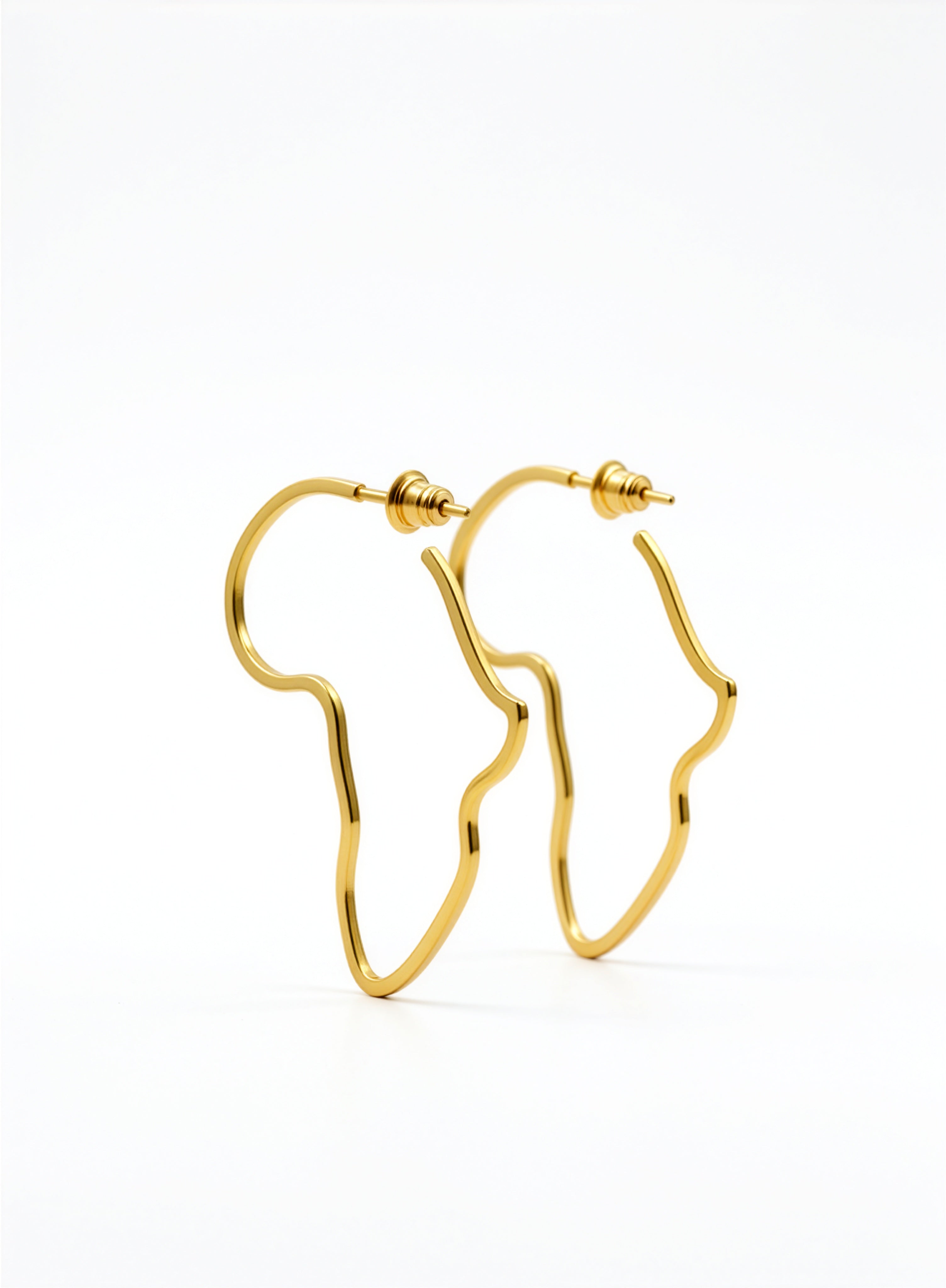 18k gold plated Africa shaped hoop earrings with butterfly backs by KIRO UK on a white background
