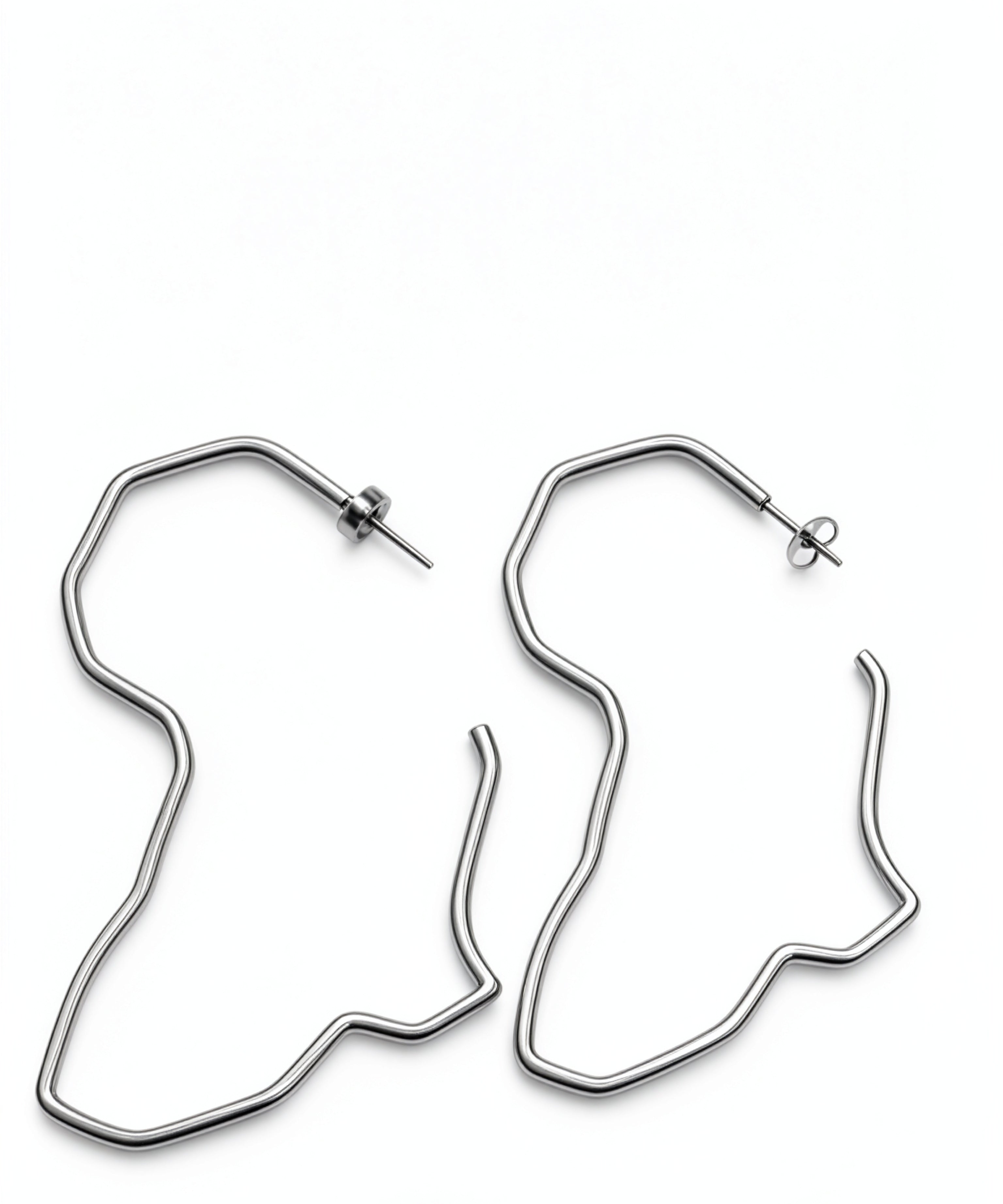 Silver Africa map shaped hoop earrings with butterfly backs in imitation jewelry by KIRO UK for everyday wear