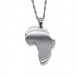 Silver Africa map pendant necklace on a chain by KIRO UK celebrating African heritage with a sleek statement design for everyday wear or gifting