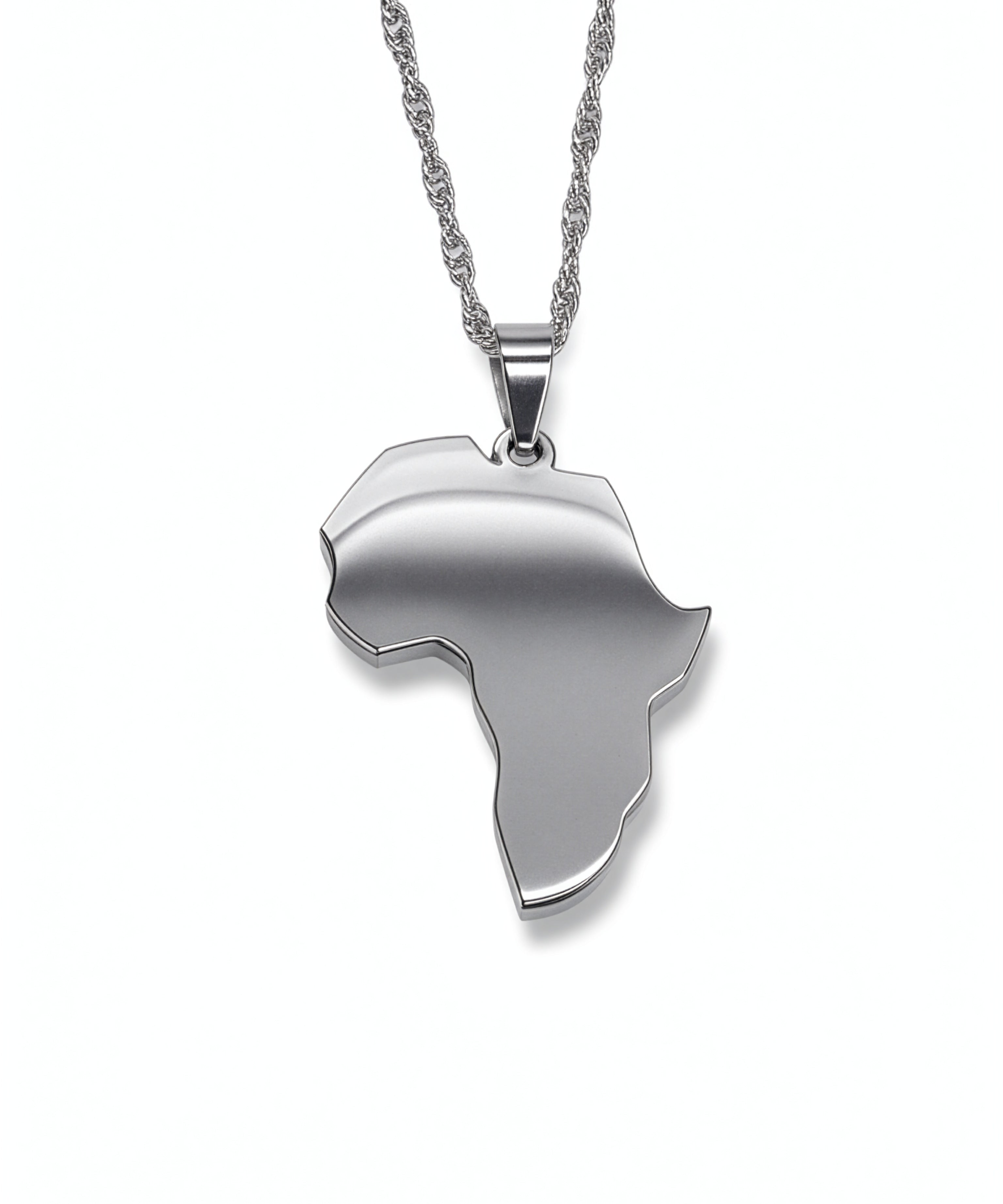 Silver Africa map pendant necklace on a chain by KIRO UK celebrating African heritage with a sleek statement design for everyday wear or gifting