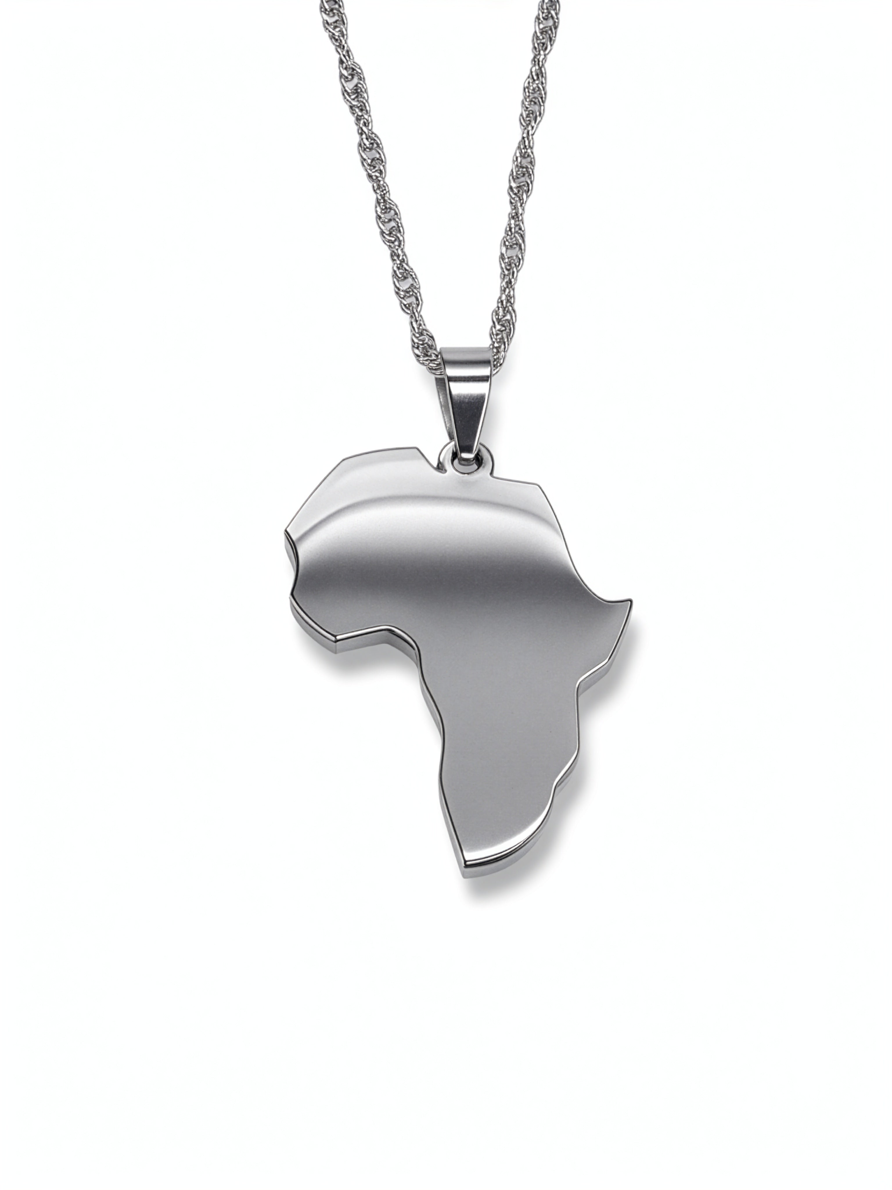 Silver Africa map pendant necklace on a chain by KIRO UK celebrating African heritage with a sleek statement design for everyday wear or gifting
