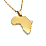Gold plated Africa map pendant necklace by KIRO UK with a polished finish and bold statement design inspired by African heritage