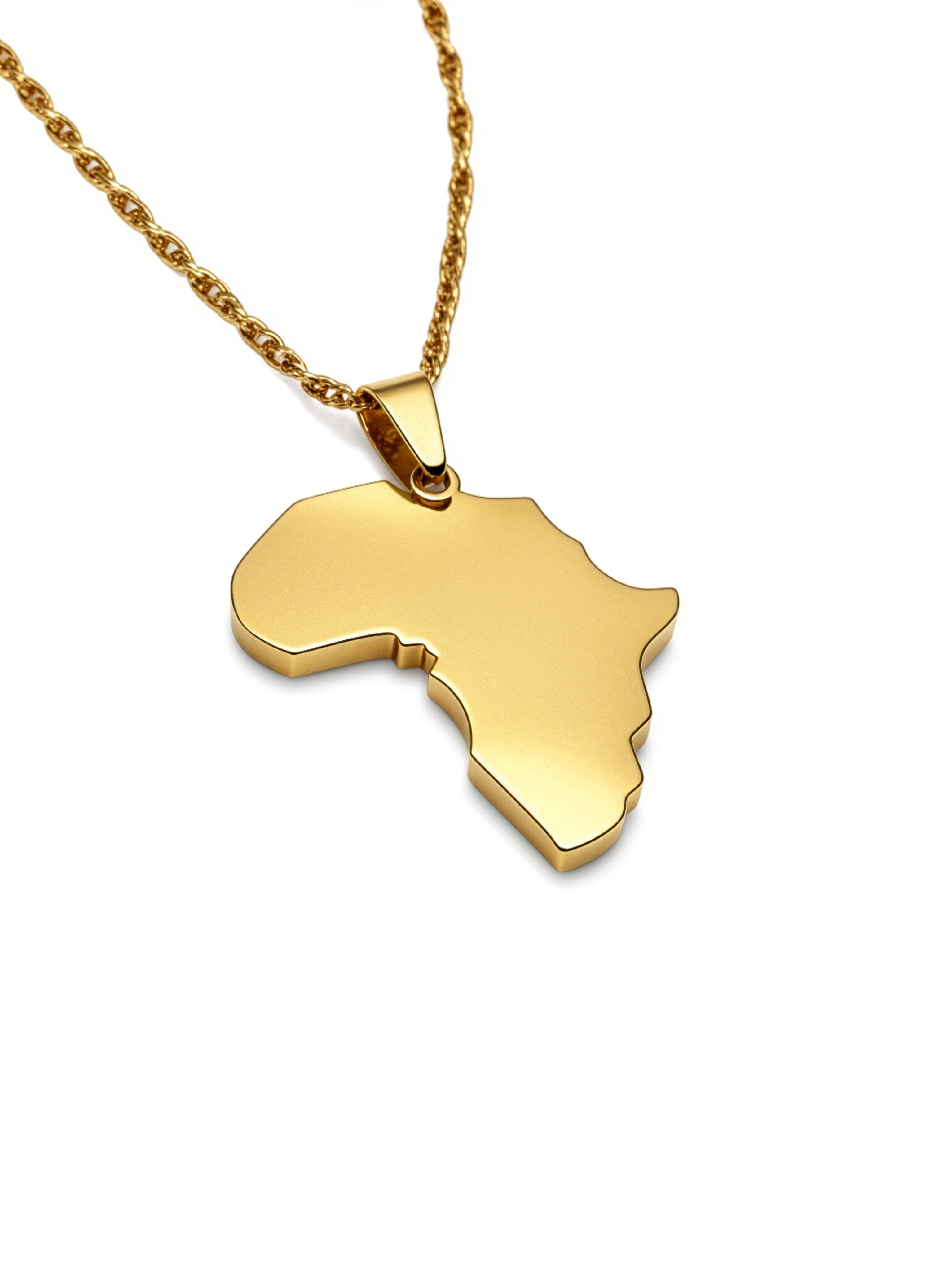 Gold plated Africa map pendant necklace by KIRO UK with a polished finish and bold statement design inspired by African heritage