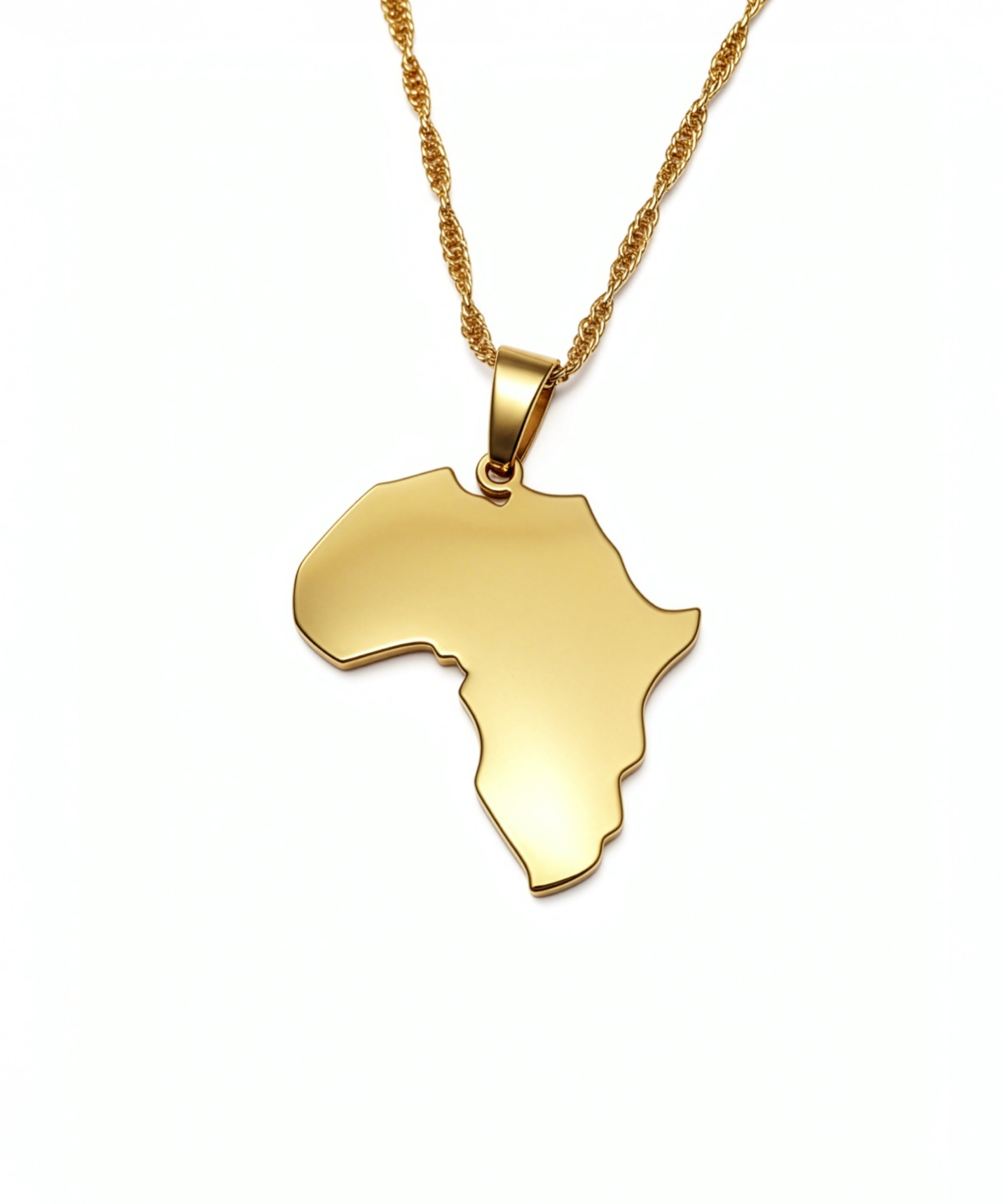 Gold necklace with a pendant shaped like the African continent on a white background