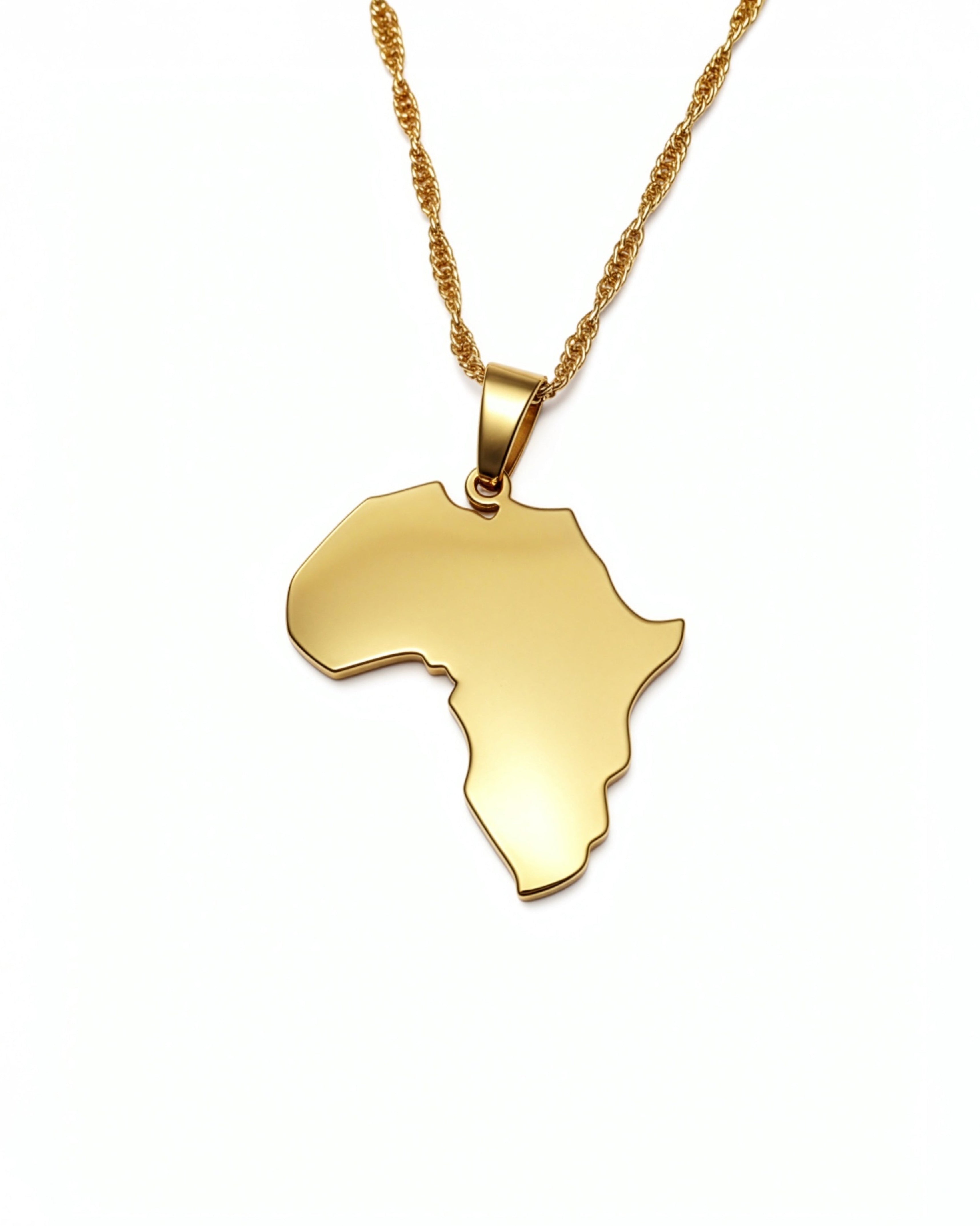 Gold necklace with a pendant shaped like the African continent on a white background