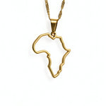 Gold plated Africa outline pendant necklace on a twisted chain from KIRO UK celebrating African heritage with a refined statement style