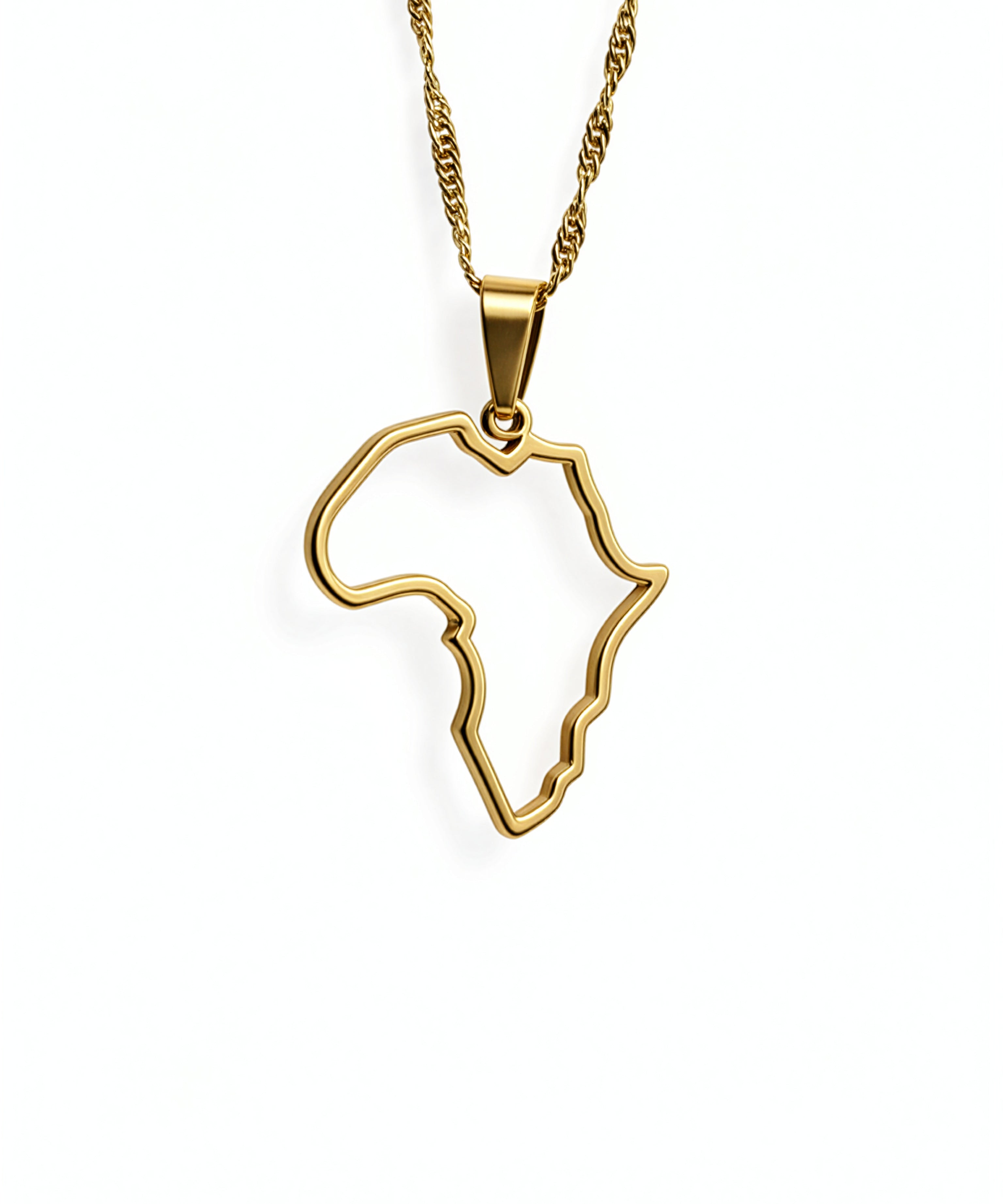 Gold plated Africa outline pendant necklace on a twisted chain from KIRO UK celebrating African heritage with a refined statement style