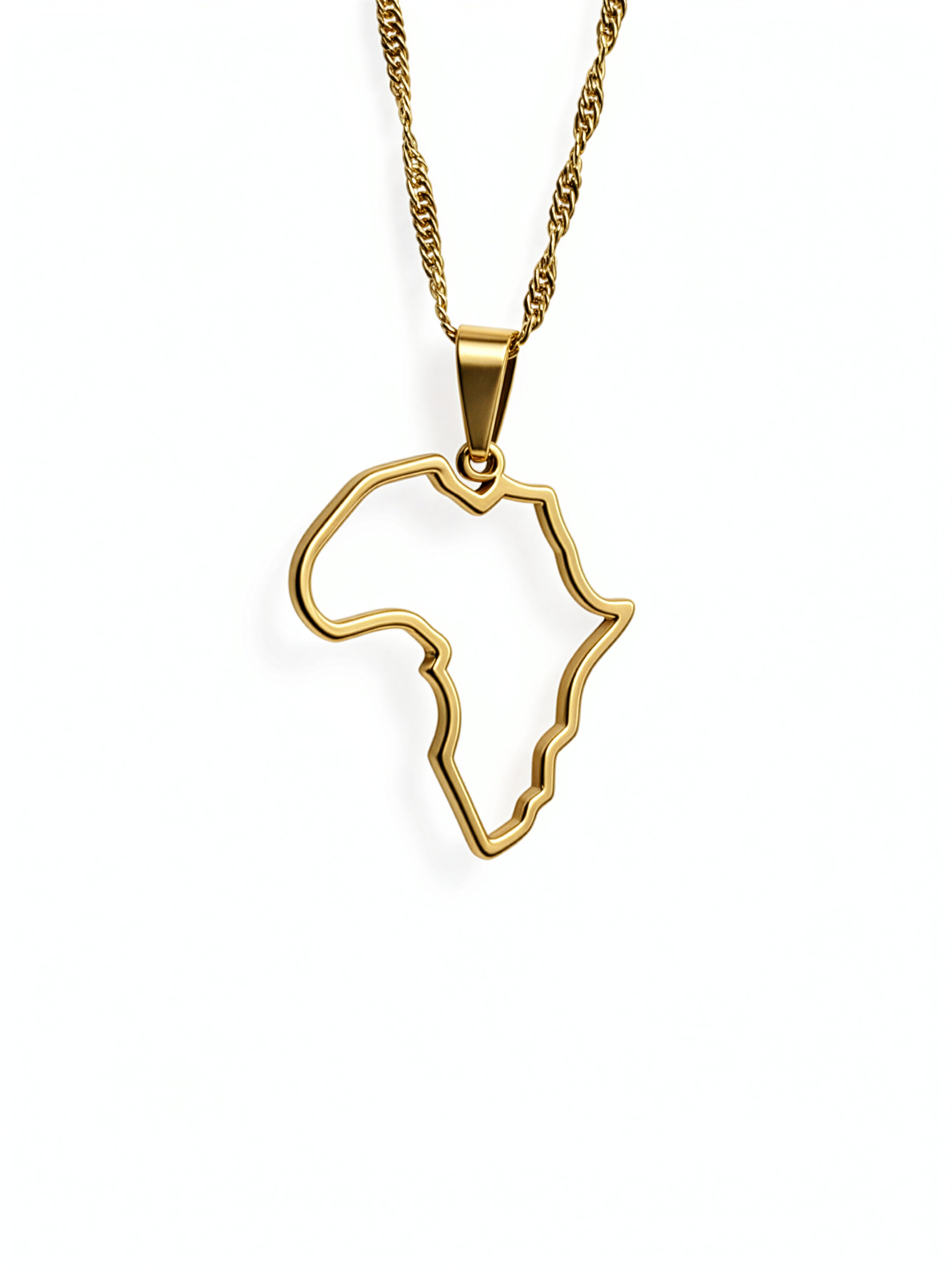 Gold plated Africa outline pendant necklace on a twisted chain from KIRO UK celebrating African heritage with a refined statement style