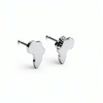 Africa shaped stud earrings in a silver plated stainless steel finish with butterfly backs by KIRO UK shown on a white background