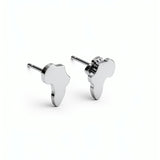 Africa shaped stud earrings in a silver plated stainless steel finish with butterfly backs by KIRO UK shown on a white background