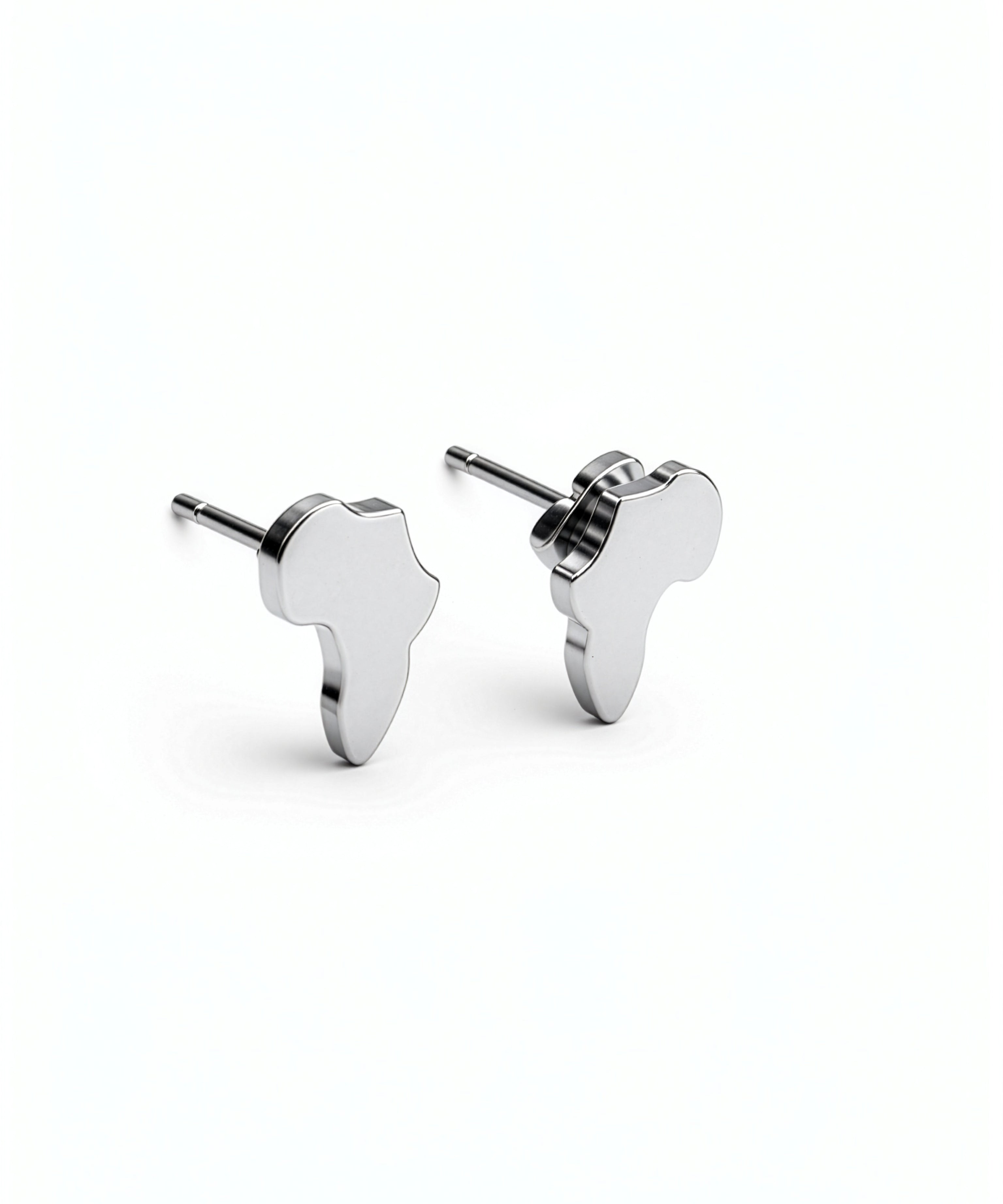 Africa shaped stud earrings in a silver plated stainless steel finish with butterfly backs by KIRO UK shown on a white background