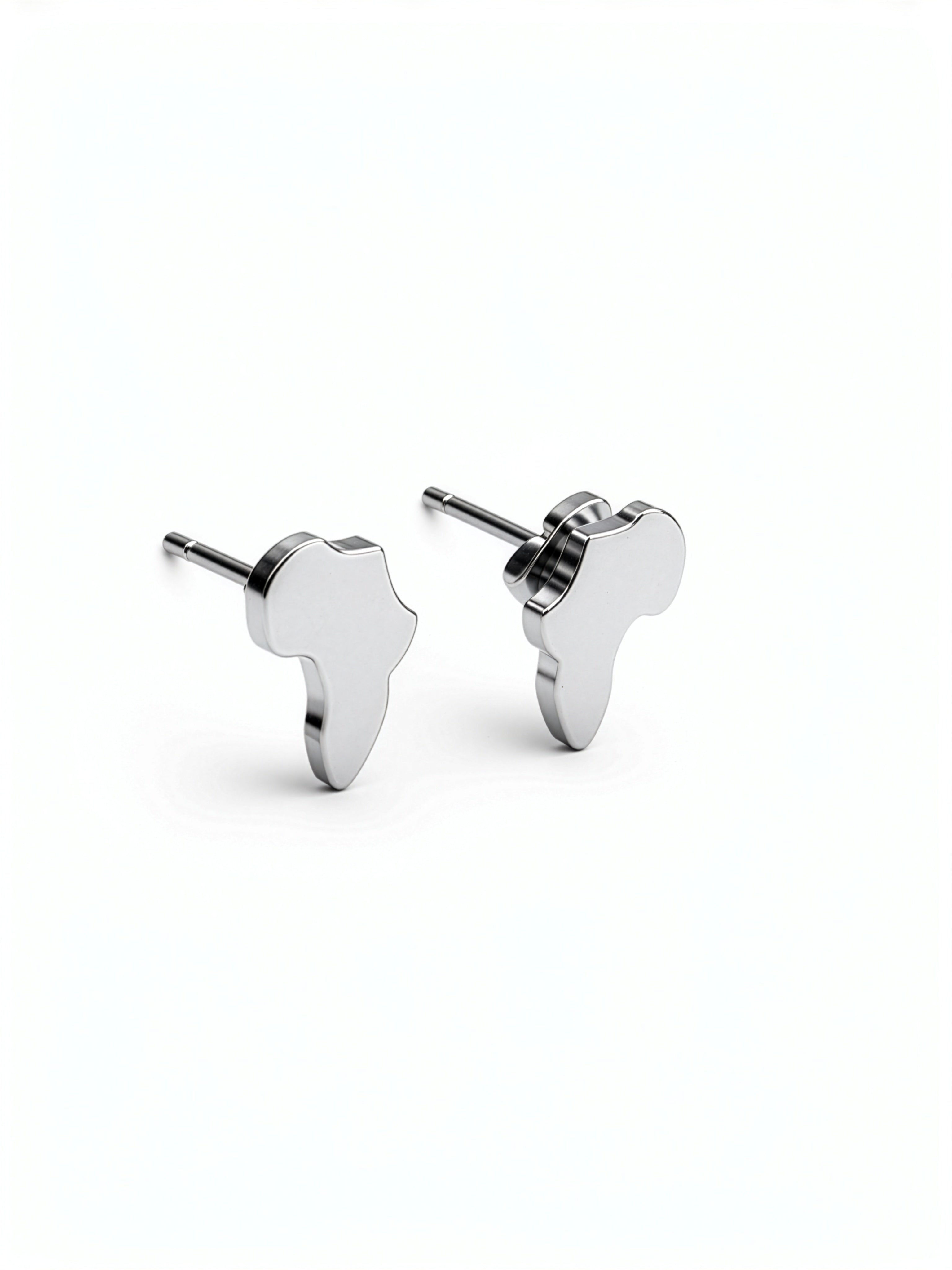 Africa shaped stud earrings in a silver plated stainless steel finish with butterfly backs by KIRO UK shown on a white background