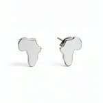 Africa shaped stud earrings by KIRO UK in silver plated stainless steel with butterfly backs shown as a pair on a white background