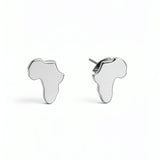 Africa shaped stud earrings by KIRO UK in silver plated stainless steel with butterfly backs shown as a pair on a white background