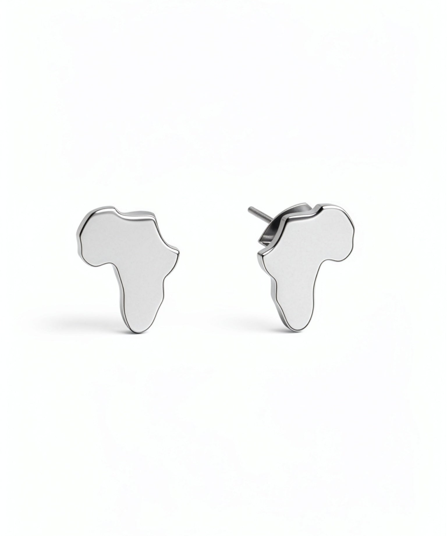 Africa shaped stud earrings by KIRO UK in silver plated stainless steel with butterfly backs shown as a pair on a white background