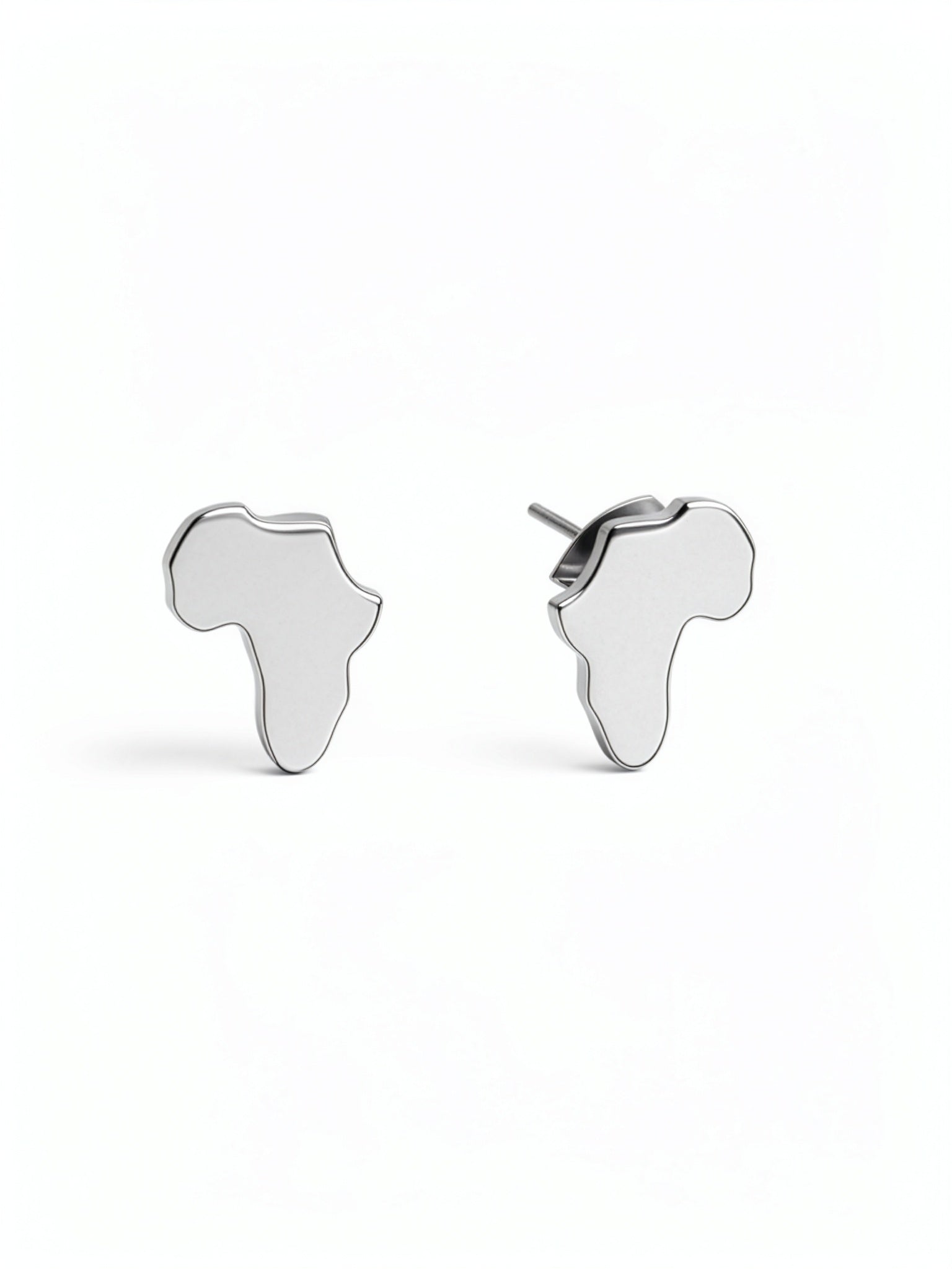 Africa shaped stud earrings by KIRO UK in silver plated stainless steel with butterfly backs shown as a pair on a white background