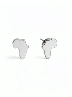 Africa shaped stud earrings by KIRO UK in silver plated stainless steel with butterfly backs shown as a pair on a white background