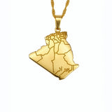 Gold necklace with a map pendant on a white background