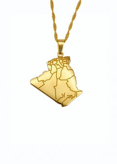 Gold necklace with a map pendant on a white background