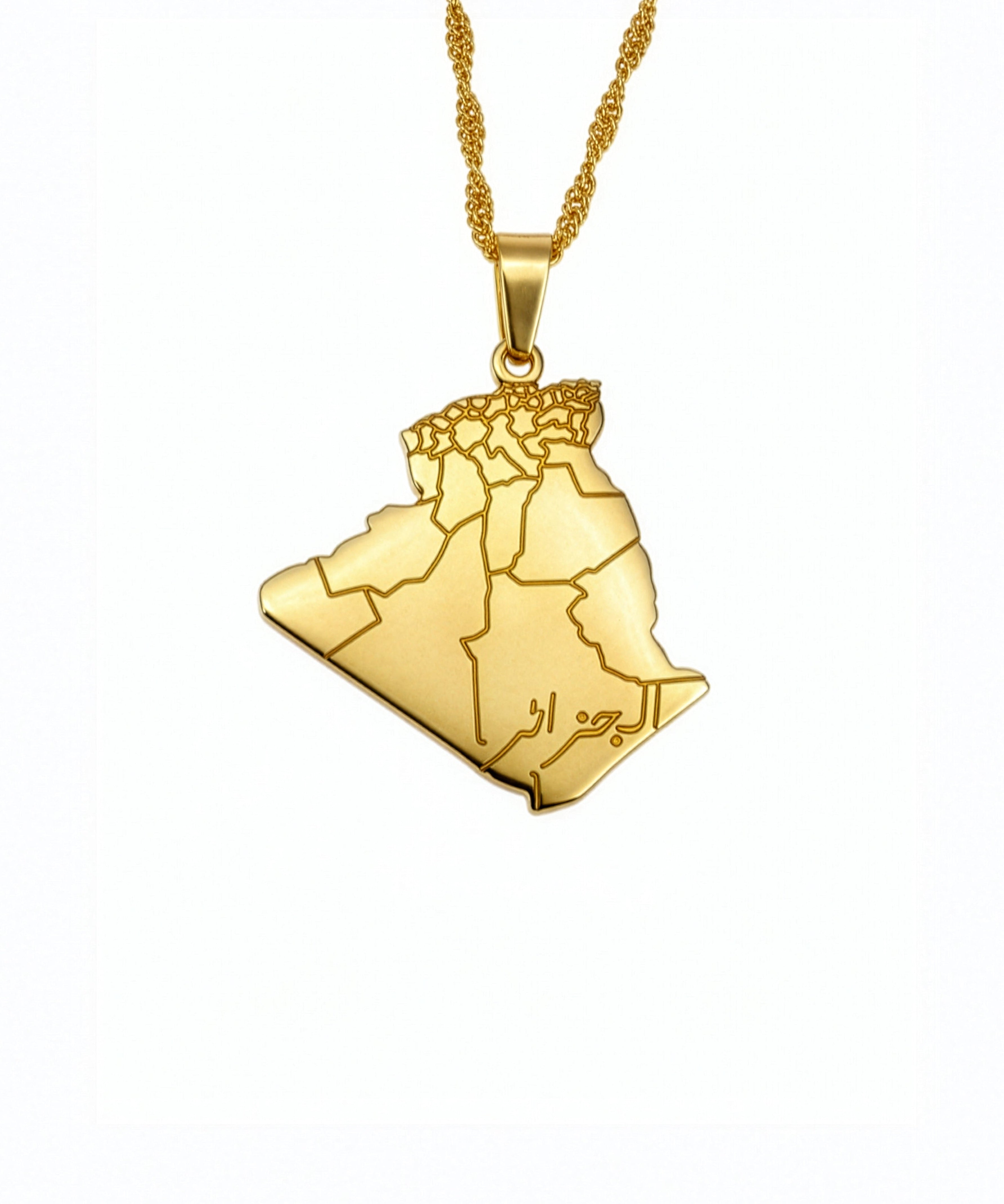 Gold necklace with a map pendant on a white background