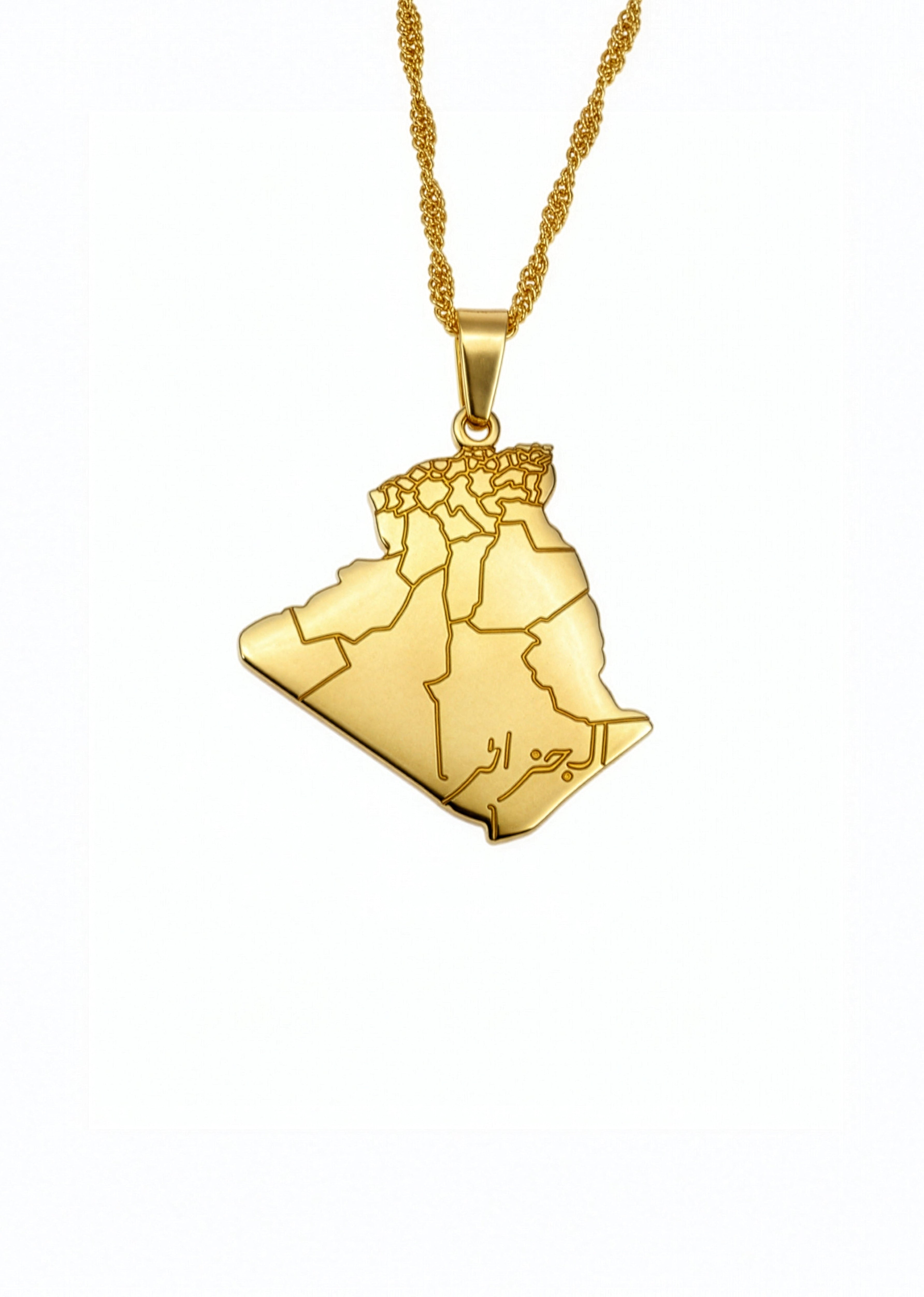 Gold necklace with a map pendant on a white background