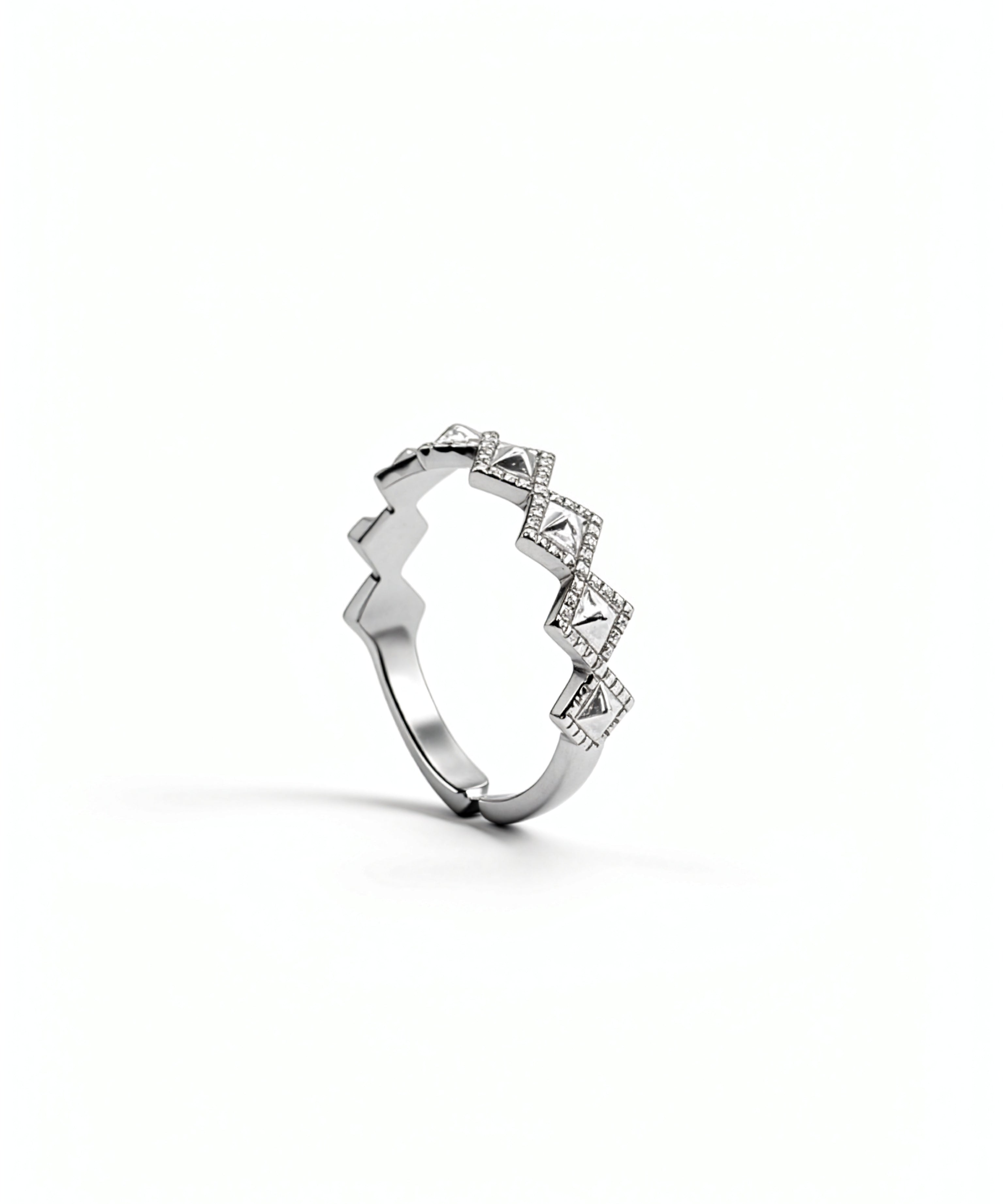 Silver geometric stacking ring with a sparkling diamond design on a white background from KIRO UK