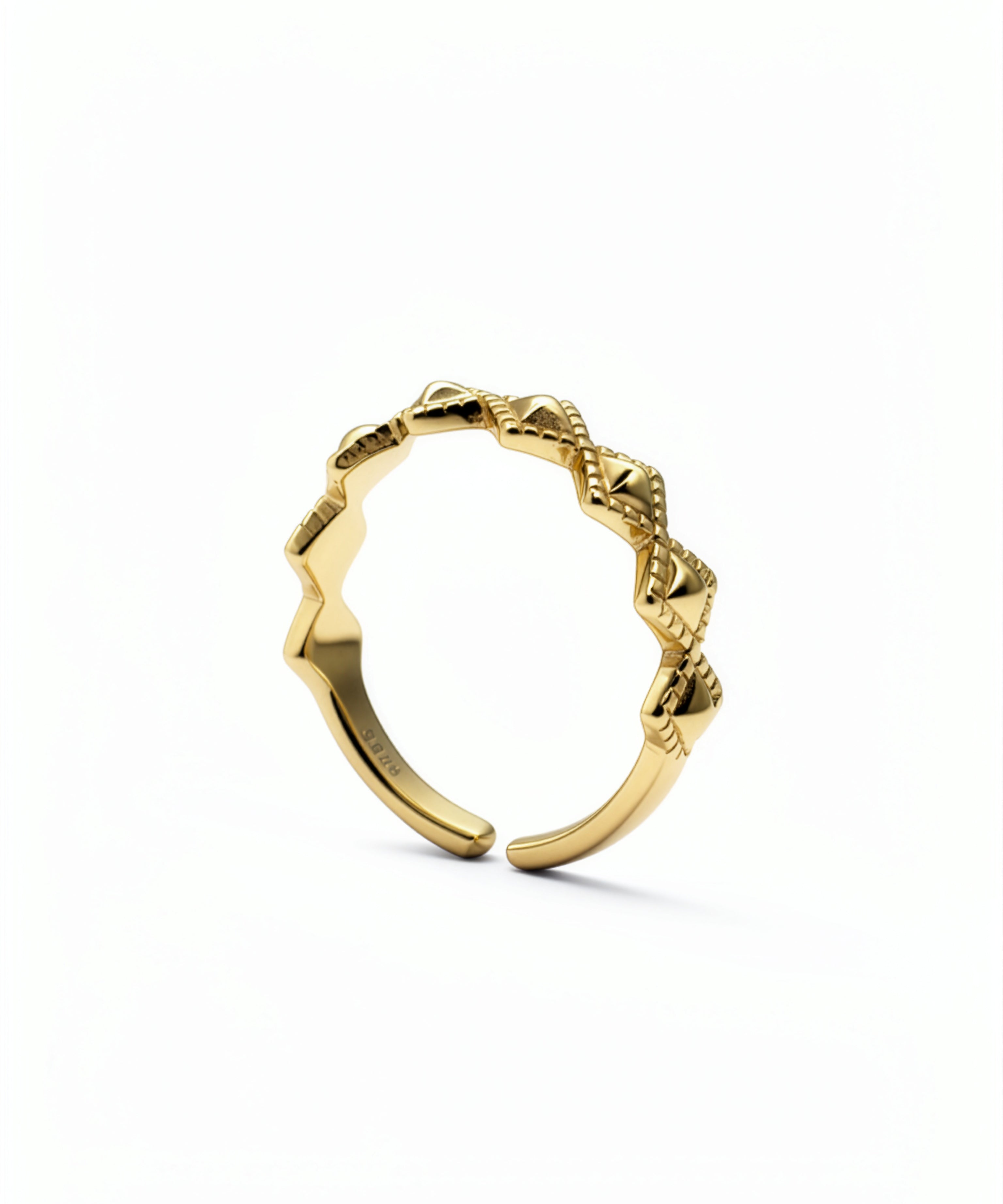 Open adjustable gold ring with diamond inspired textured detailing by KIRO UK in 18K Gold plated on 100% 925 Sterling Silver