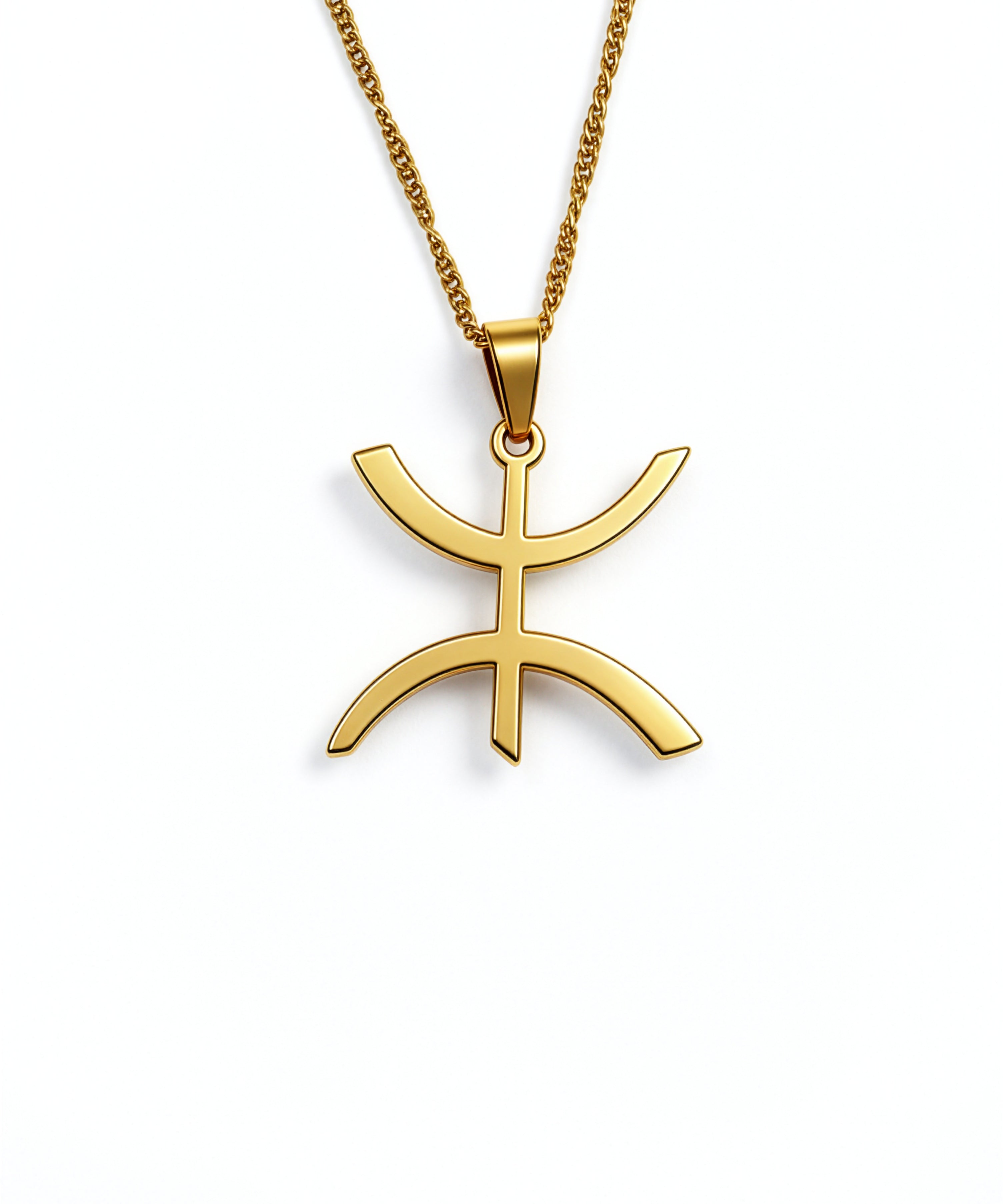 Gold plated Amazigh symbol pendant necklace on a gold chain representing freedom and cultural pride from KIRO UK