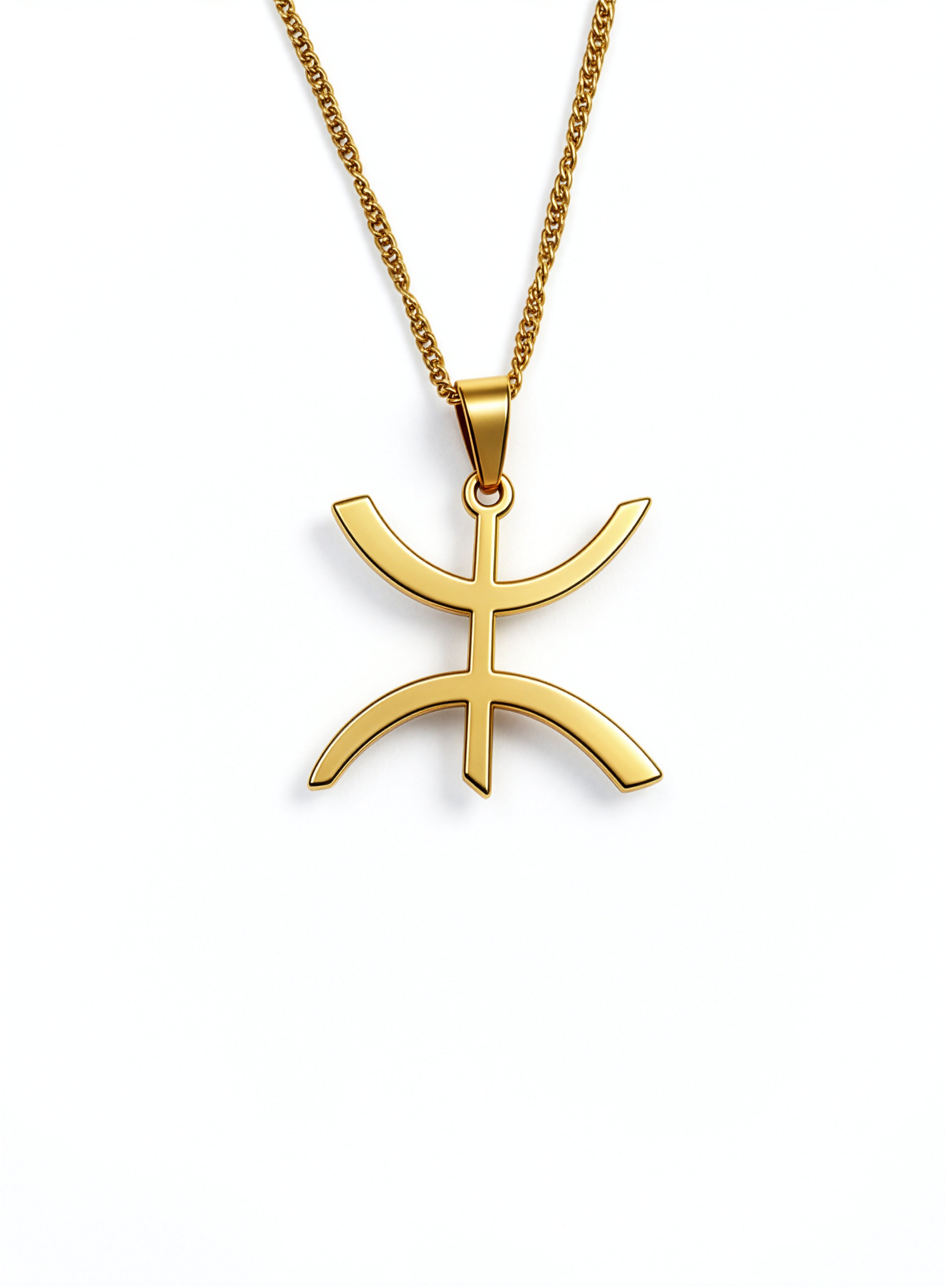 Gold plated Amazigh symbol pendant necklace on a gold chain representing freedom and cultural pride from KIRO UK