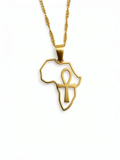 18K gold plated Africa outline pendant necklace featuring an Ankh symbol, from KIRO UK Egyptian Collection