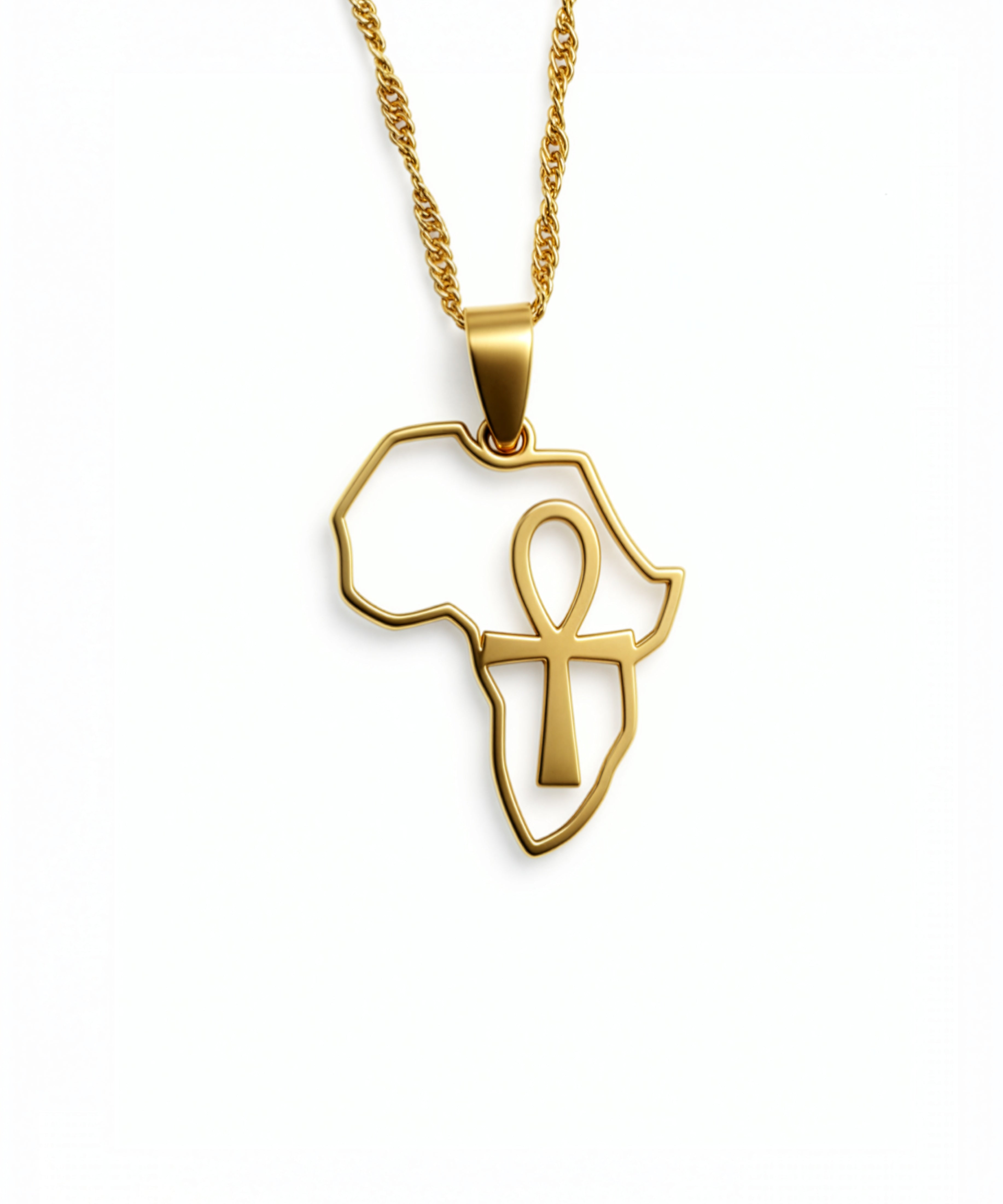 18K gold plated Africa outline pendant necklace featuring an Ankh symbol, from KIRO UK Egyptian Collection