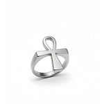 Silver Ankh ring by KIRO UK featuring the Egyptian symbol of eternal life in a polished metallic finish on a white background
