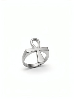 Silver Ankh ring by KIRO UK featuring the Egyptian symbol of eternal life in a polished metallic finish on a white background