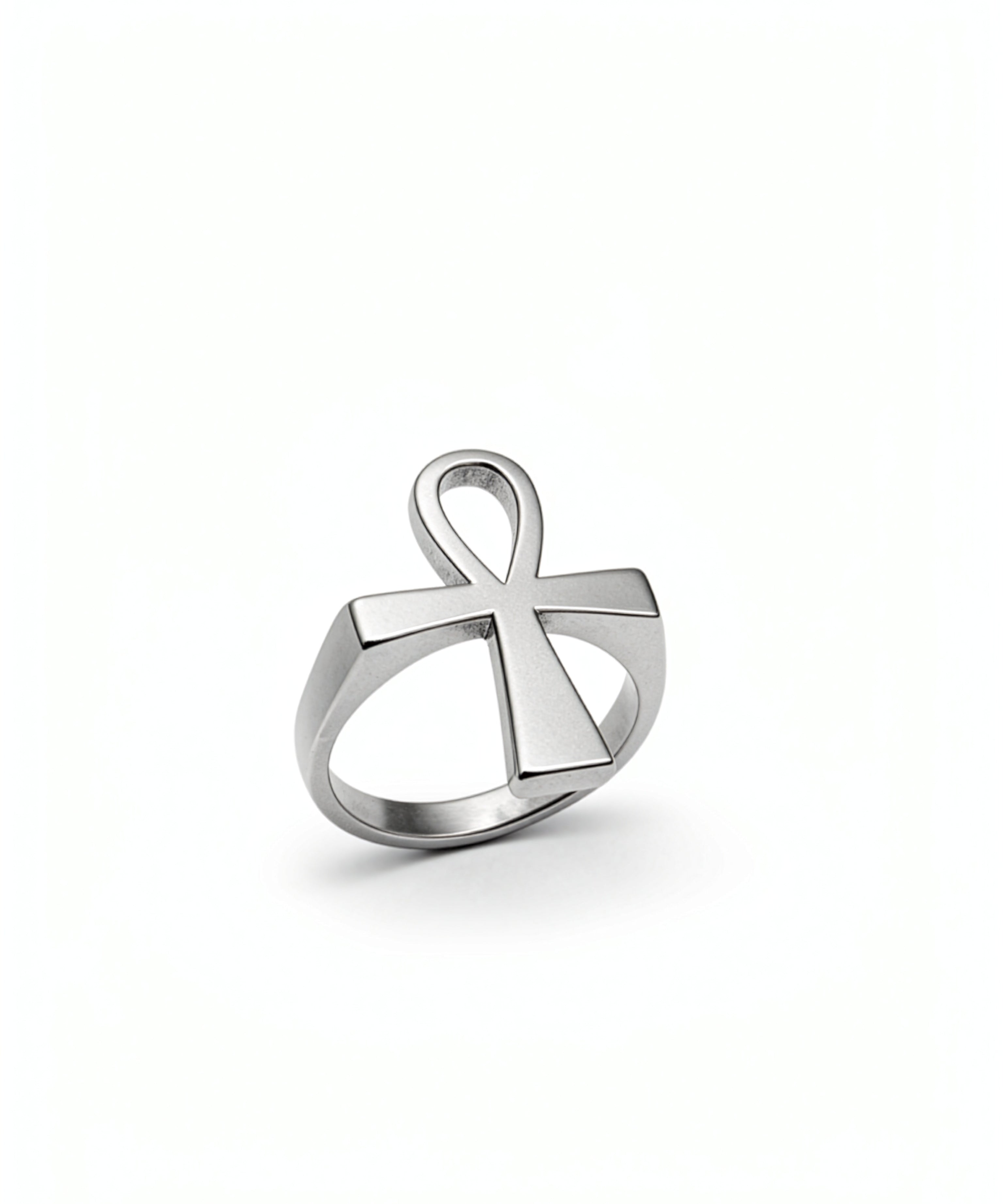 Silver Ankh ring by KIRO UK featuring the Egyptian symbol of eternal life in a polished metallic finish on a white background