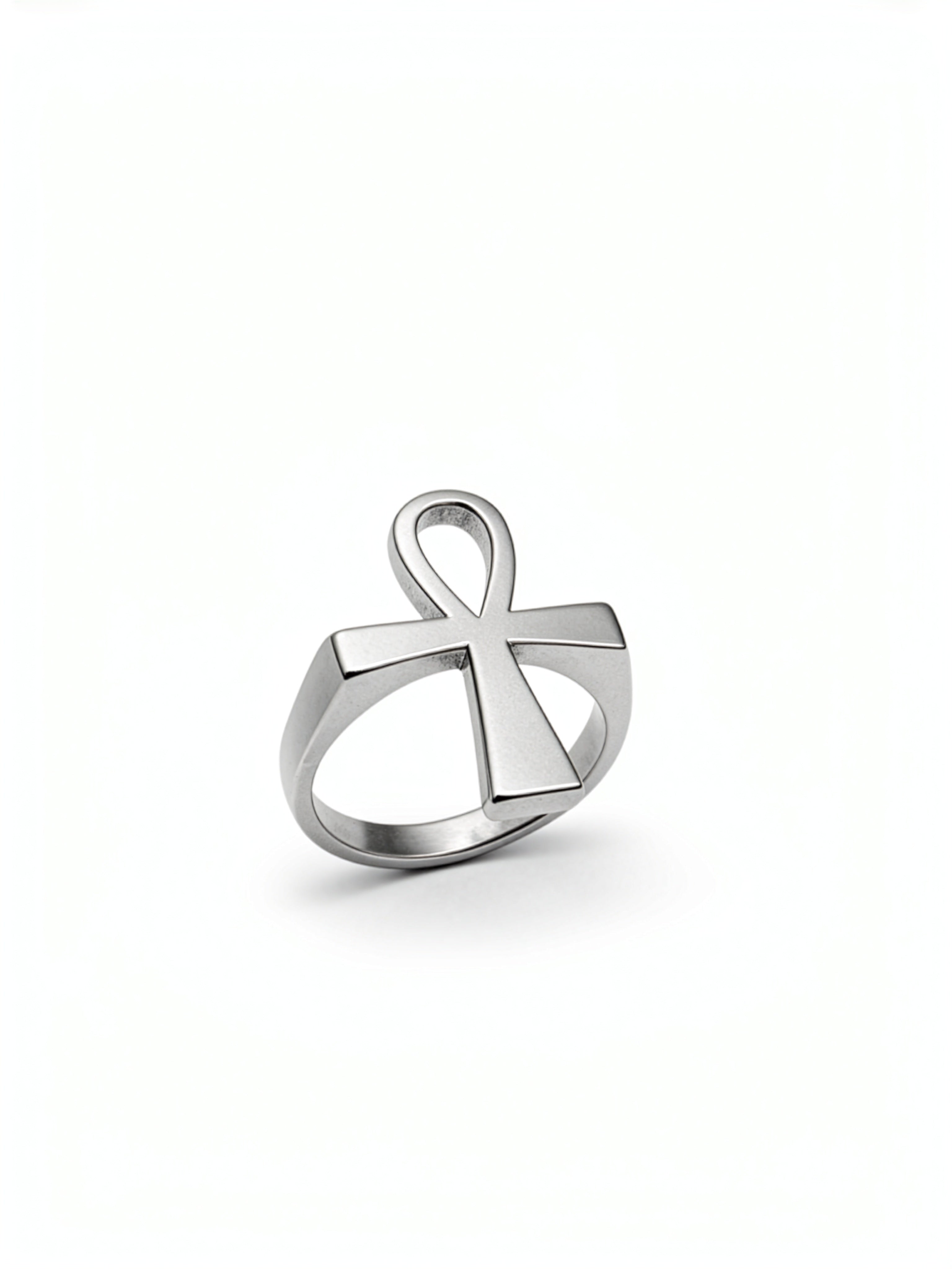 Silver Ankh ring by KIRO UK featuring the Egyptian symbol of eternal life in a polished metallic finish on a white background