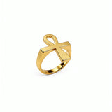 Gold Ankh ring by KIRO UK with a polished statement design inspired by Egyptian heritage and the ancient symbol of eternal life on a white background
