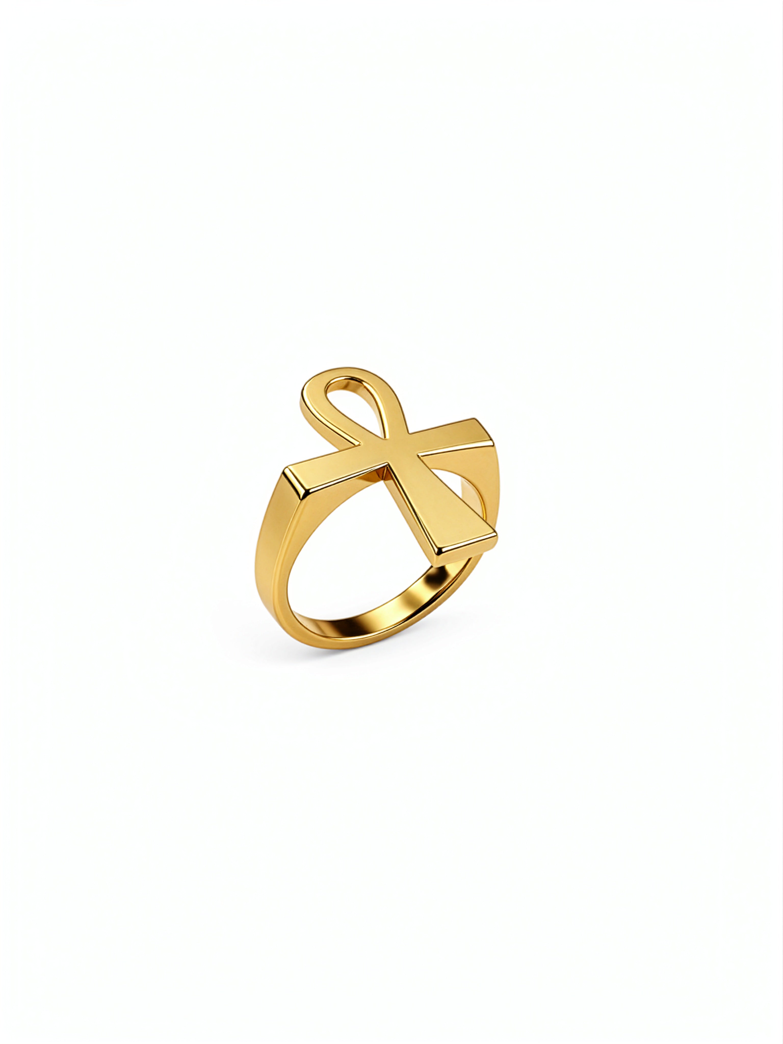 Gold Ankh ring by KIRO UK with a polished statement design inspired by Egyptian heritage and the ancient symbol of eternal life on a white background