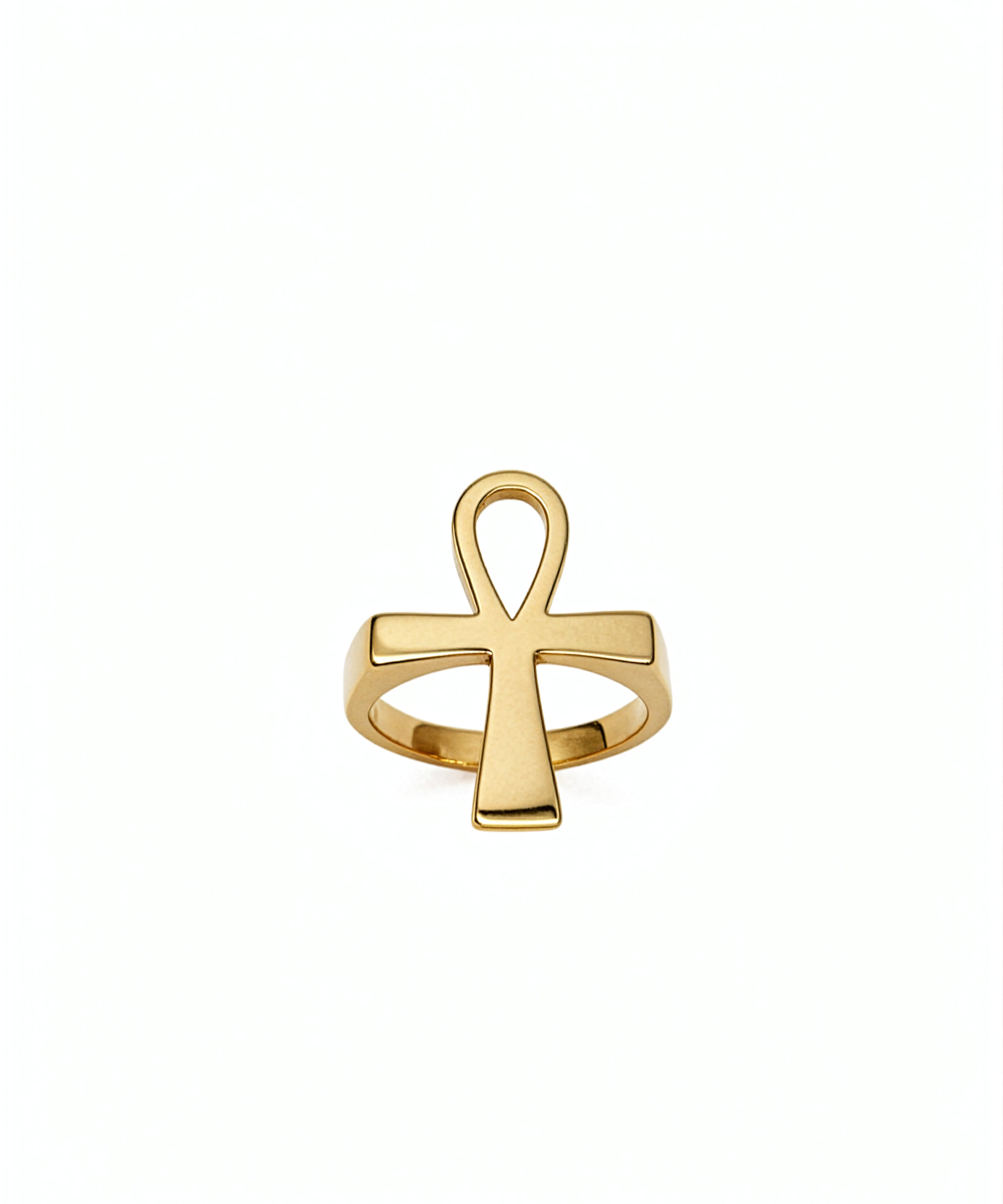 Gold Ankh statement ring by KIRO UK on a white background inspired by ancient Egyptian symbolism and eternal life
