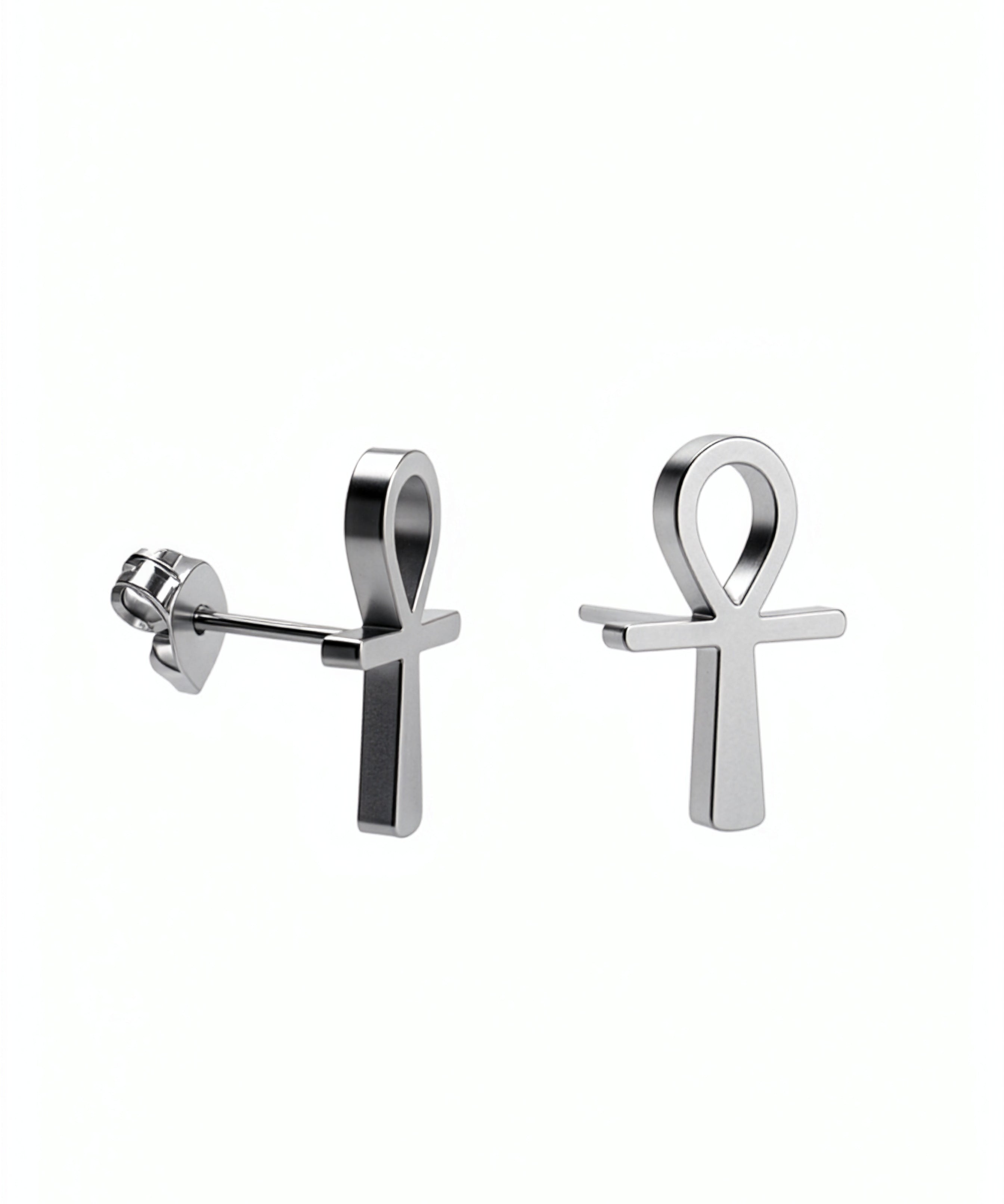 Silver plated ankh stud earrings by KIRO UK showing the front and butterfly back design on a white background from the Egyptian Collection