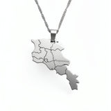 Silver plated map of Armenia pendant on a chain with Armenian script engraving across the front in a detailed geographic design